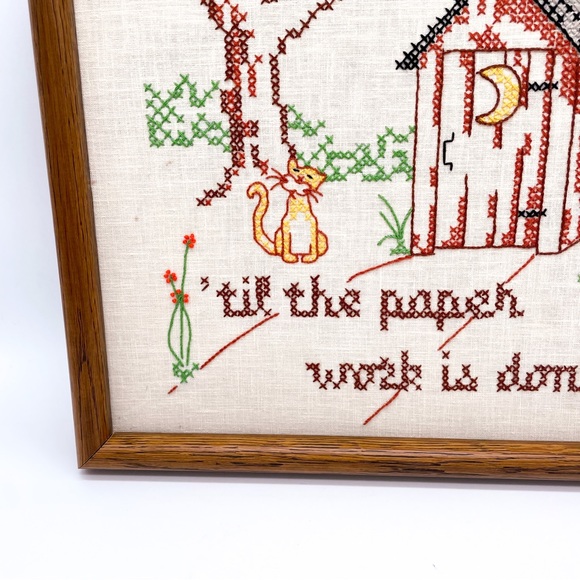 Vintage Cross Stitch Bathroom Sign No Job is Finished Wall Hanging - Picture 9 of 13